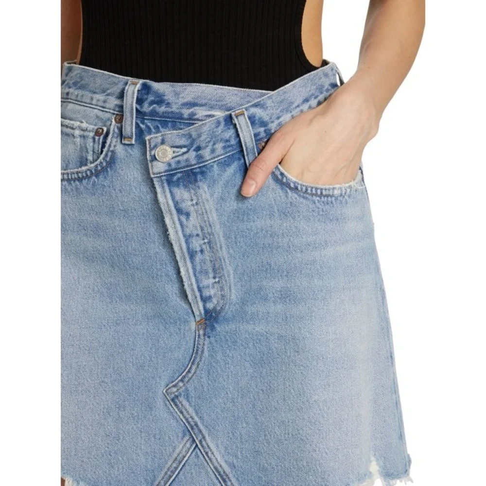NWT Agolde Criss Cross Jean Mini Skirt Distressed Light Blue Frayed Hem Denim